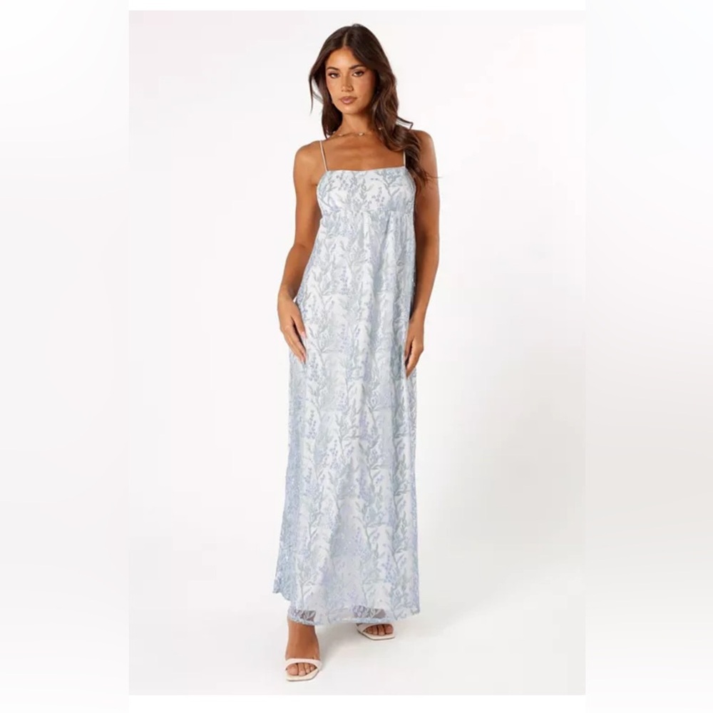 Petal & Pup Nolan Blue Embroidered Floral Maxi Dress